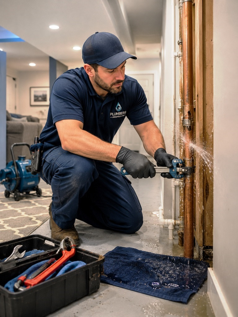 repairing a burst copper water pipe inside a finished basement in Annapolis